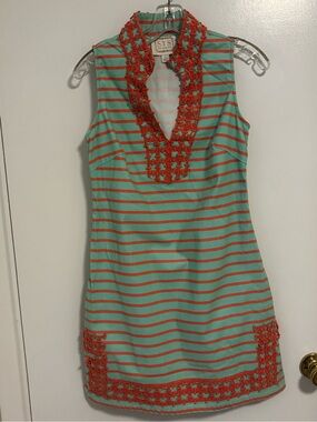 Sail to Sable Mint and Coral Crocheted V-Neck Dress